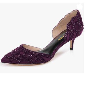 XYD Dark Purple Elegant Pointed Toe D'Orsay Kitten Heel Rhinestone Studs Pumps